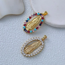 Detail of gold Virgin Mary oval pendants with colorful and white zircon stone setting