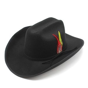 Classic black felt cowboy hat with wide brim and red-yellow decorative feather