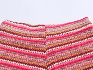 Detail of colorful striped hollow crochet knit waistband with pink and orange patterns