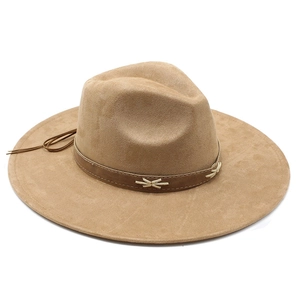 Khaki faux suede wide brim fedora hat with brown embroidered band and side tassels
