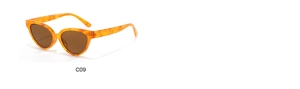 Detail shot of tortoiseshell cat-eye sunglasses with brown lenses and sleek plastic frame