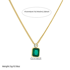 Gold-plated stainless steel chain necklace with green square gem and rhinestone pendant