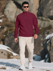 Close-up of burgundy knit sweater with high neck buttons and brown leather sleeve patches