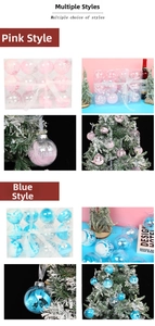 Detailed view of clear Christmas baubles with pink and blue feathers in a 12-piece gift set