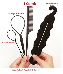 Detailed 4-piece hair styling set featuring topsy tail tools, comb, and sponge bun maker