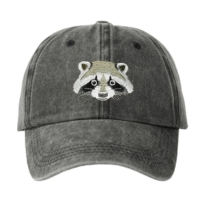 Washed dark gray baseball cap with raccoon embroidery and casual sun protection design