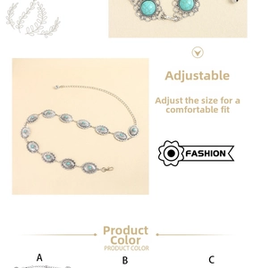 Detail of bohemian silver waist chain with turquoise inlays and filigree metal patterns