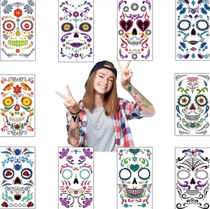 Detailed collection of ten vibrant sugar skull temporary tattoo sheets for Halloween party