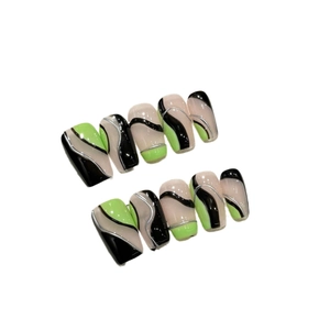 Short fluorescent green and black handmade press-on nails with 3D silver fluid art design