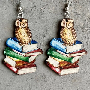 Wooden owl on books printed dangle earrings for teachers day gifts creative jewelry