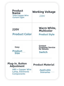 Detailed specifications table for 220V LED copper wire curtain lights with warm white color