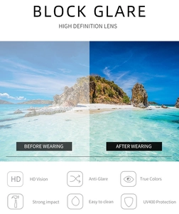 Macro view of polarized HD lenses showing anti-glare and UV400 protection in beach scene