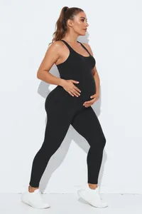 Close-up of black seamless maternity jumpsuit with high-stretch breathable fabric for yoga