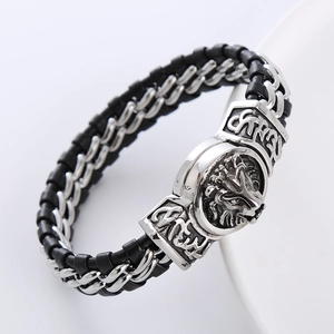 Punk lion head braided leather bracelet with stainless steel chain for men jewelry