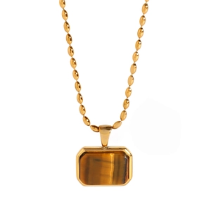 Gold stainless steel tiger eye stone necklace with oval beaded chain and vintage pendant