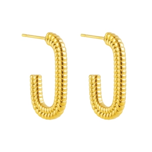 Macro detail of 18K gold-plated U-shape earrings featuring textured woven metal relief
