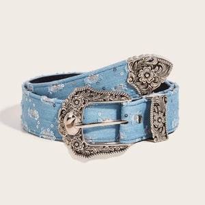 Vintage blue denim belt featuring ornate silver buckle and sparkling sequin embellishments