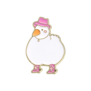 Cartoon white duck enamel pin wearing pink cowboy hat and boots, stylish metal brooch