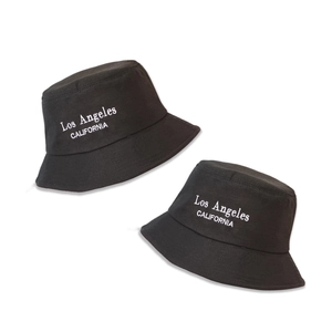 Kids black cotton bucket hat with white Los Angeles California embroidery wide brim sun cap