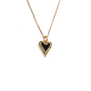 Heart Pendant Necklace Copper Colorful Cubic Zirconia Black Enamel Vintage Style For Women Gold Plated