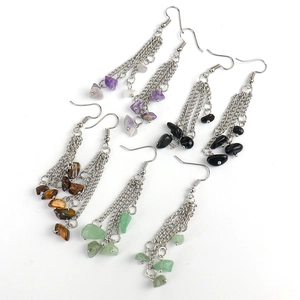 Bohemian multilayer chain tassel earrings featuring natural amethyst and obsidian stones