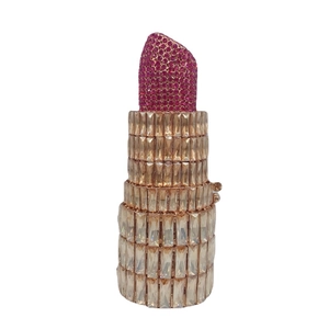 Lipstick shaped evening clutch bag with sparkling golden and pink rhinestones
