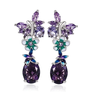Elegant Copper Butterfly Flower Dangle Earrings With Oval Purple Zirconia Enamel Detail Vintage Fashion Jewelry For Women