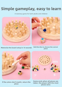 Four-step guide showing wood memory match game rules with colorful pegs and dice