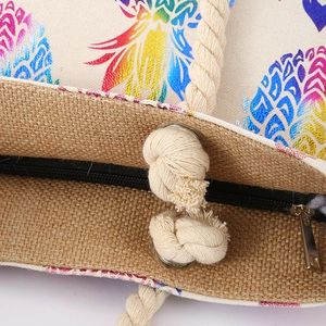 Canvas beach tote bag with colorful pineapple print and thick cotton rope handles