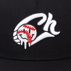Black cotton baseball cap featuring high-quality 3D embroidery of CH letters and smiley face