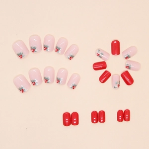 Short square press-on nails set with red solid color and festive floral holly berry patterns