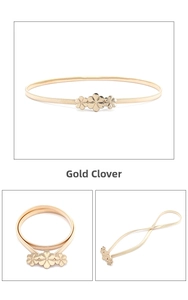 Detail of gold clover metal buckle and elastic braided belt for summer fashion