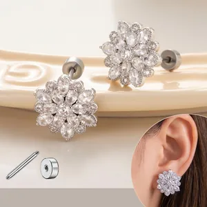 Zircon Flower Stud Earrings With Titanium Steel Screw Post Sparkly Sweet Floral Piercing Body Jewelry For Women