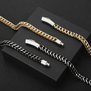 Polished stainless steel Cuban link bracelets in gold and black with snap closures