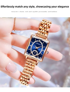 Close-up of elegant rose gold square watch with a blue sunray dial and diamond accents