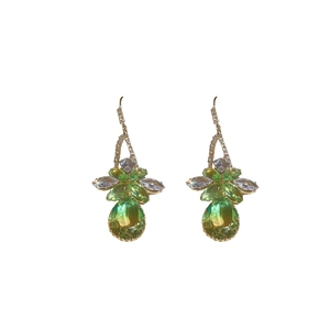 Elegant gold drop earrings with green zircon flowers and waterdrop pendants