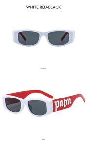 Detailed front and side view of white and red kids retro square sunglasses