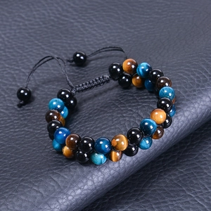 Adjustable double-layer bracelet with 8mm tiger eye stone and black obsidian beads
