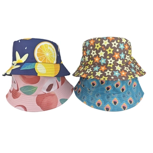 Detail showing four reversible sun hats with lemon, peach, star, and feather print patterns