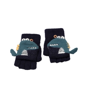 Winter knitted kids half-finger gloves with dark blue flip top and cartoon dinosaur