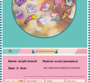 Detail showing various acrylic cartoon brooches including unicorns and ice cream icons