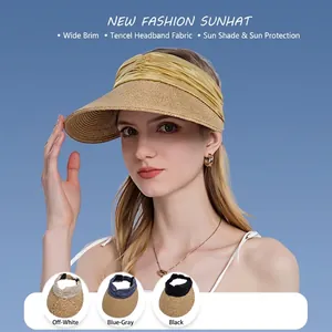 Women Wide Brim Straw Sun Visor Hat Breathable Open Top Summer Beach UV Protection Fashionable Pleated Design For Travel
