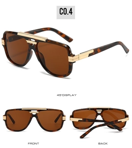 Detailed views of square tortoiseshell sunglasses with gold metal accents and dark lenses