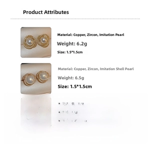 Detail view of flower pearl stud earrings with zircon inlay showing dimensions and weight