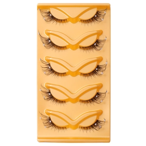 Five pairs of fox-eye false eyelashes with pearl accents and transparent band on yellow tray