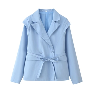Light blue double-breasted long sleeve blazer with waist tie belt and clean fit