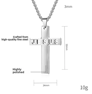 Detailed size chart showing 50mm x 34mm stainless steel Jesus cross pendant with chain
