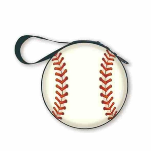 Mini baseball style coin purse with realistic red stitching and black strap on white background