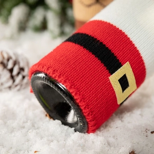 Festive knitted Santa Claus red wine bottle cover with belt detail for Christmas decor