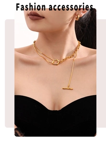 Detail of gold layered necklace set with geometric clasp and long tassel pendant on a model